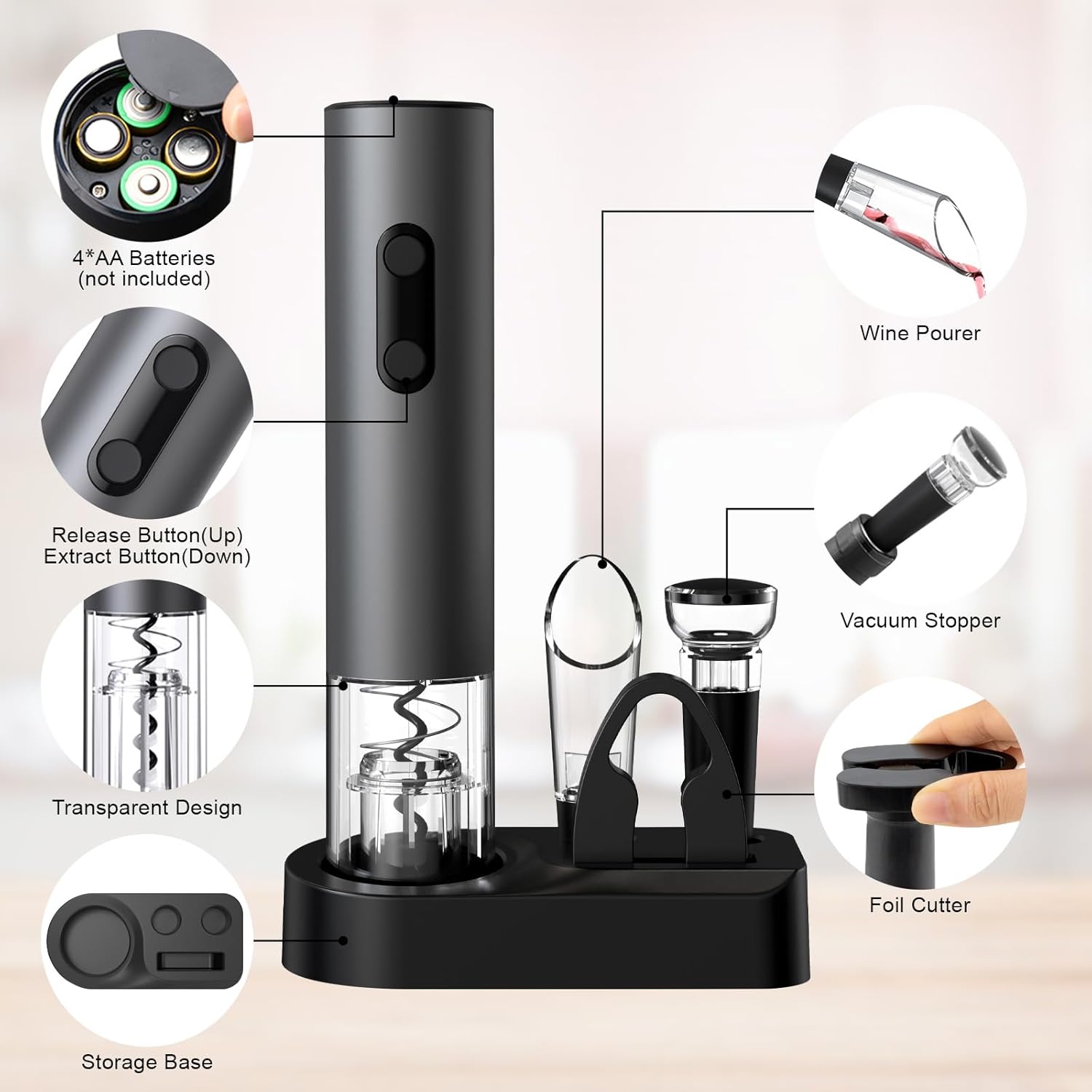 COKUNST Electric Wine Opener, 4-in-1 Wine Bottle Opener Set with Base, Cordless Automatic Battery Operated Corkscrew with Foil Cutter, Pour, Vacuum