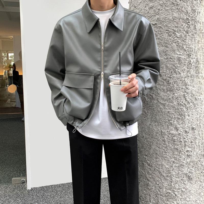 

Кожаная куртка мужская весна и осень новая повседневная куртка с лацканами мотоциклетная куртка корейский стиль модная красивая универсальная куртка XL серый