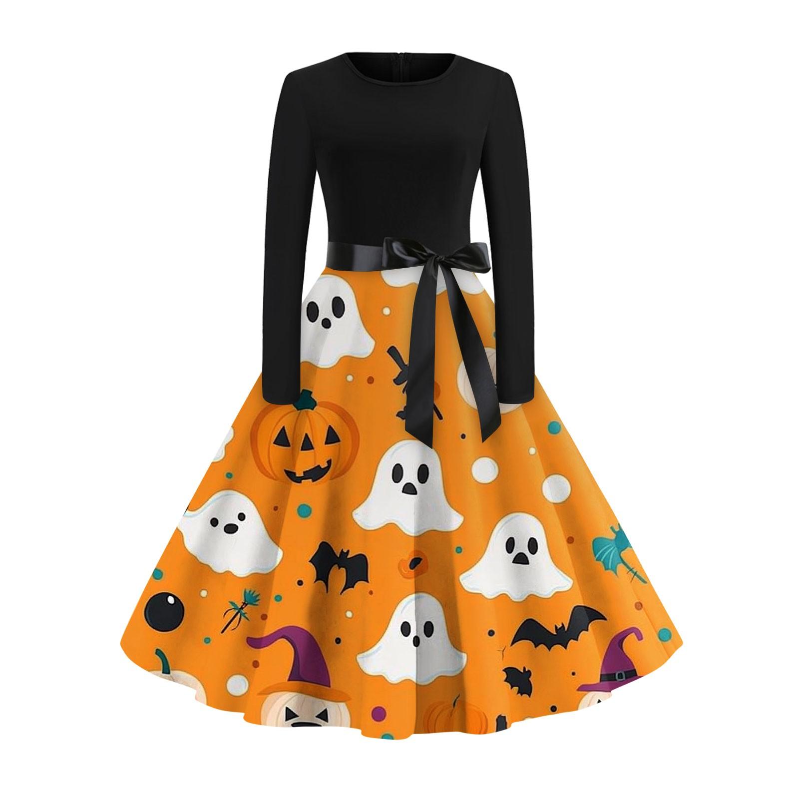 

Women s Fashion Casual Round Neck Halloween Print Long Sleeve Dress XXL