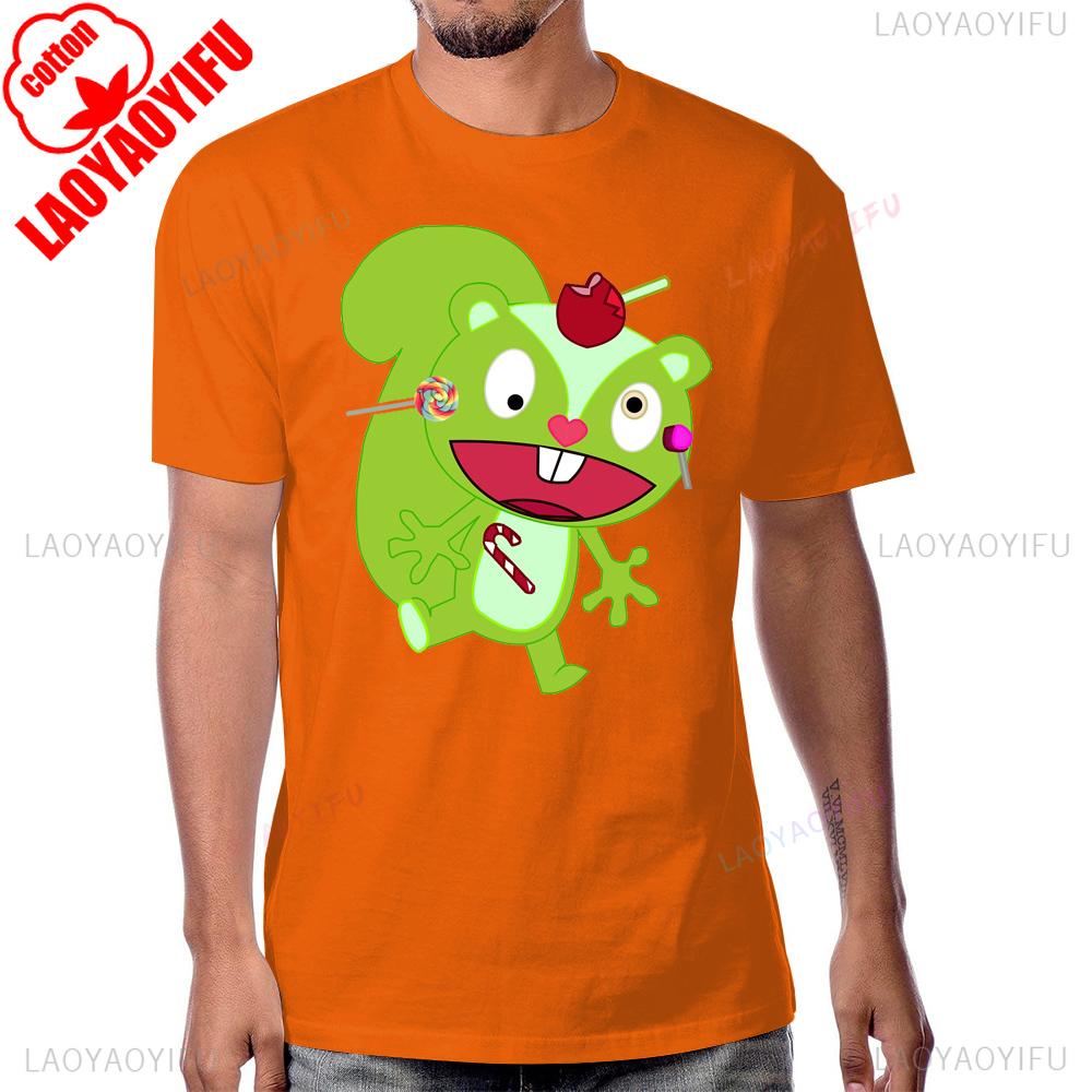 Yenilik Mutlu Ağaç Arkadaşları Anime Tişört Siyah Mizah Çizgi Film Kısa Kollu Yaz Tarzı Erkek Tişört Pamuk Nefes Alabilir Konfor T-shirtler