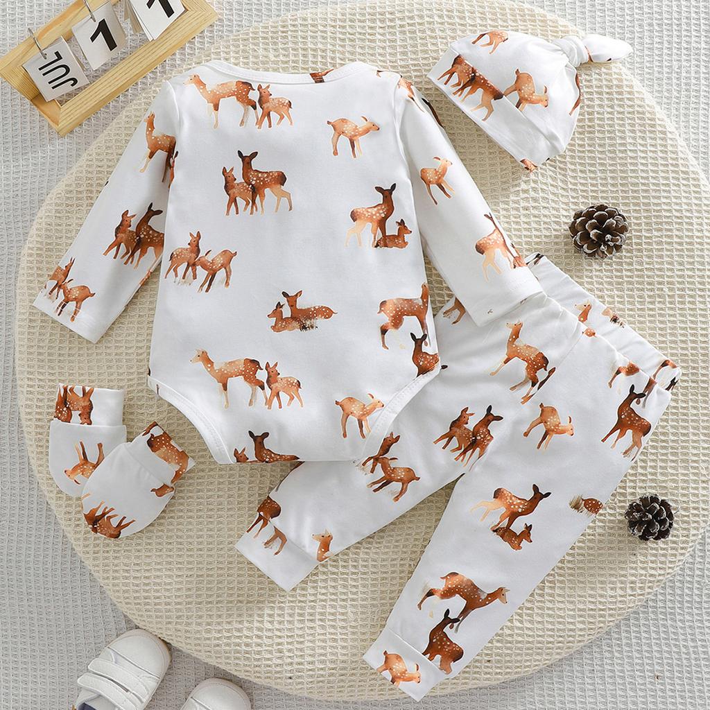 4pcs Baby Adorable Deer Pattern Bodysuit + Hat + Baby Mittens + Comfy Pants Clothing Set