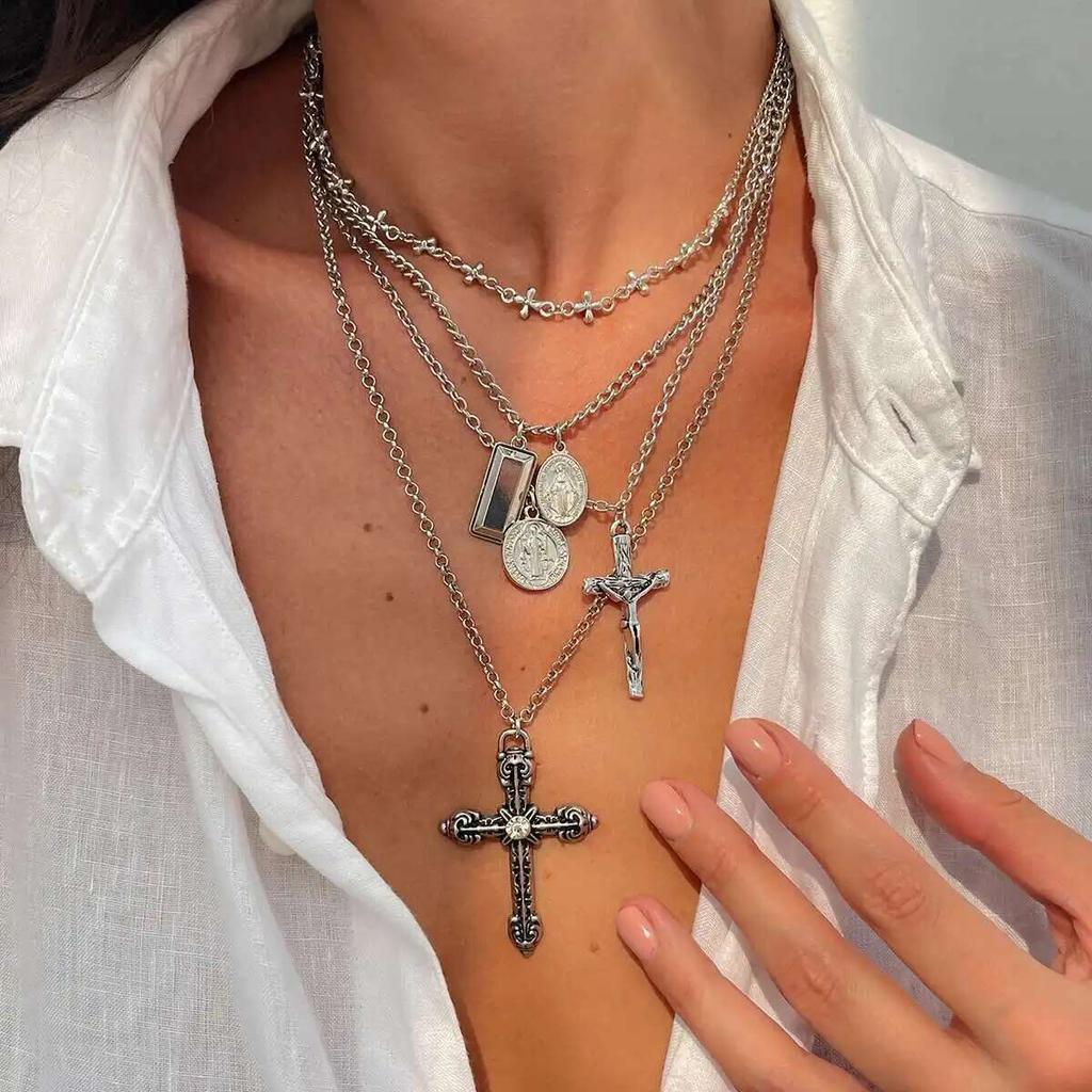 PuRui 4Pcs/Set Creative Square Dangle Jesus Cross Round Coin Pendant Alloy Necklace Women Fashion Party Banquet Y2K Zircon New