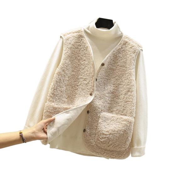 Women Autumn Winter Vest Coat Solid Sleeveless Faux Color Lamb Wool Waistcoat Short