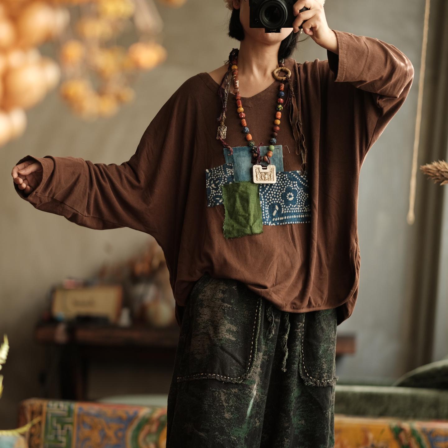 

Artistic Retro Patchwork Loose Cotton T-Shirt for Women - Coffee (HX0118) One Size кавовий