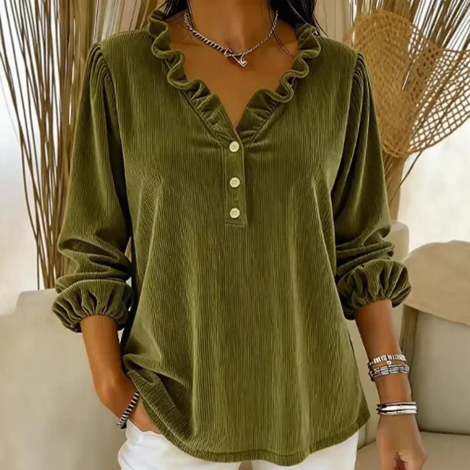 Women's Corduroy Ruffle Collar V-Neck Long Sleeve Top