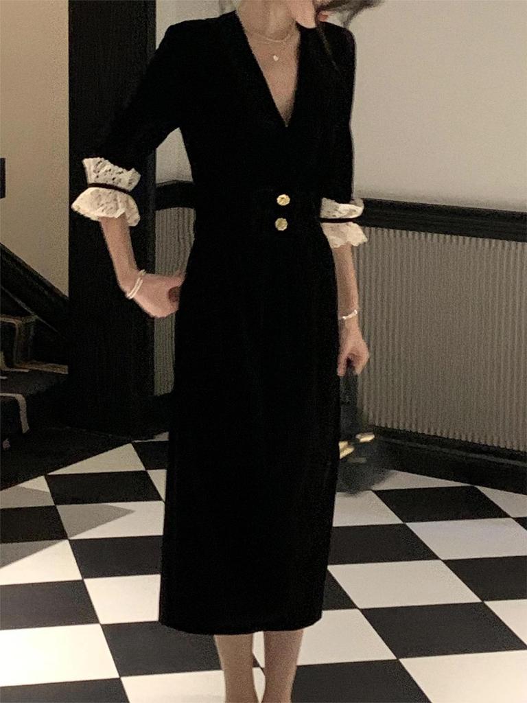 Hepburn-Style Black Velvet Lace Trim Dress for Women