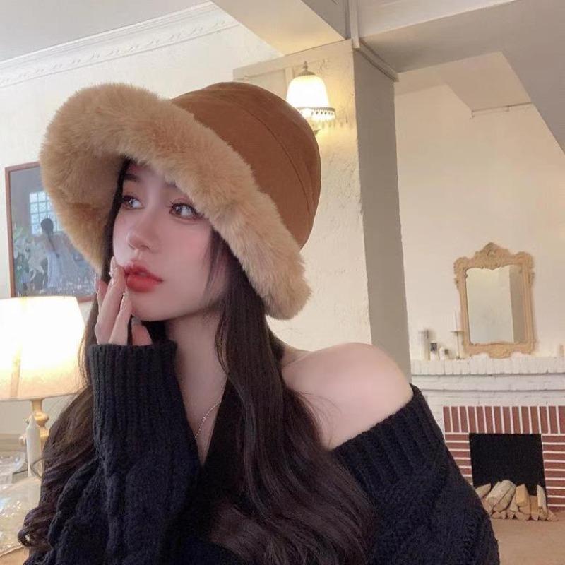 Plush bucket hat women's autumn and winter simple retro face small bucket basin hat plush warm hat