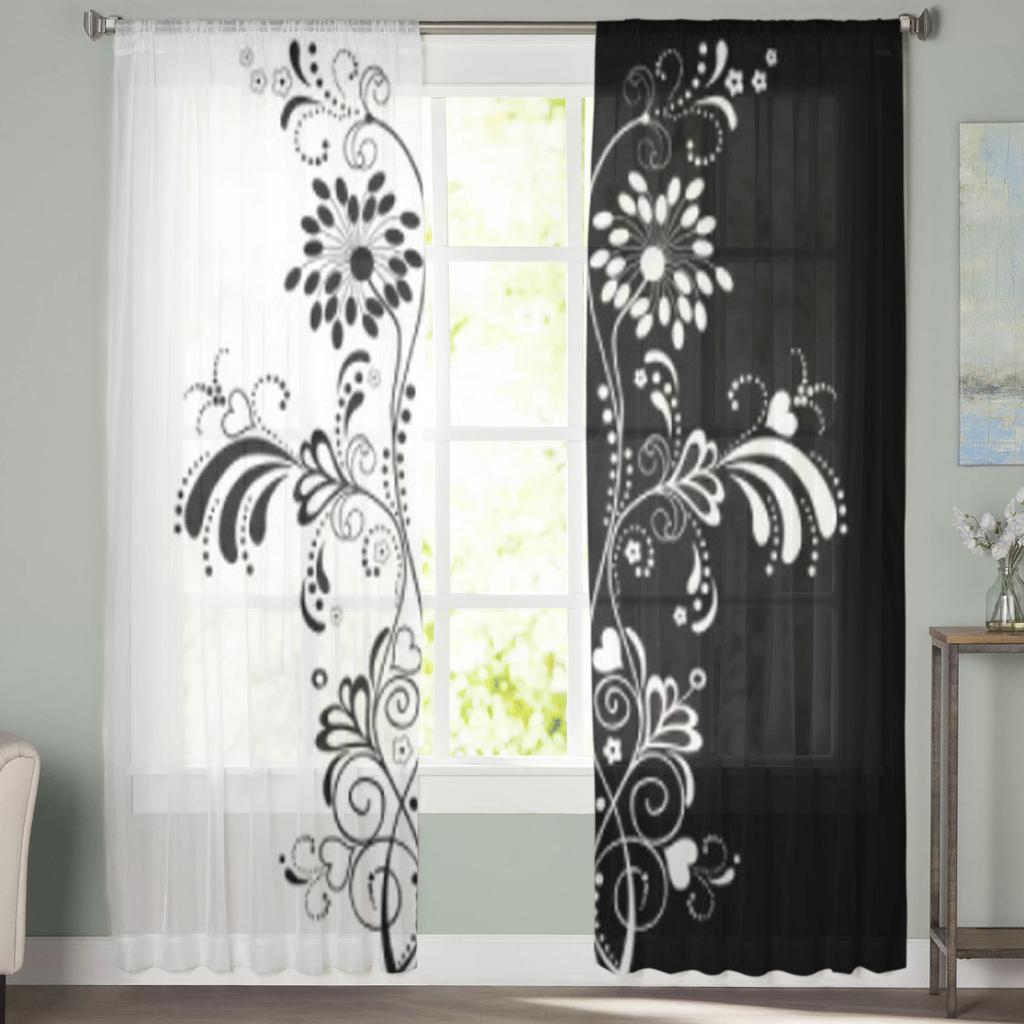 Schwarz-weißer Blumenvorhang für Wohnzimmer, moderne Voile-Tüll-Fenstervorhänge für Schlafzimmer, Küchenvorhänge