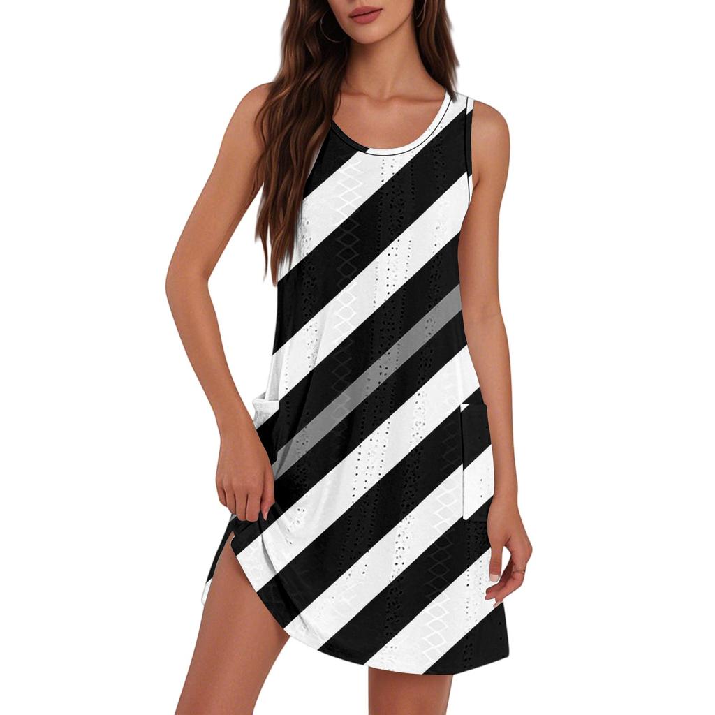 Women's Fashion Casual V-Neck Sleeveless Striped Print Dress