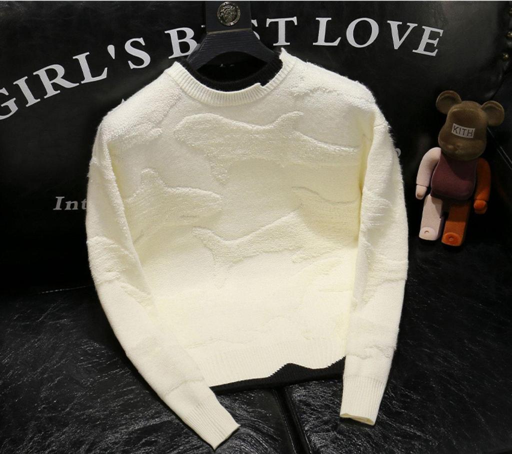 Herbst 2024 Herren Lockerer Sitz Schwarzer 3D-Druck Rundhals Strickpullover