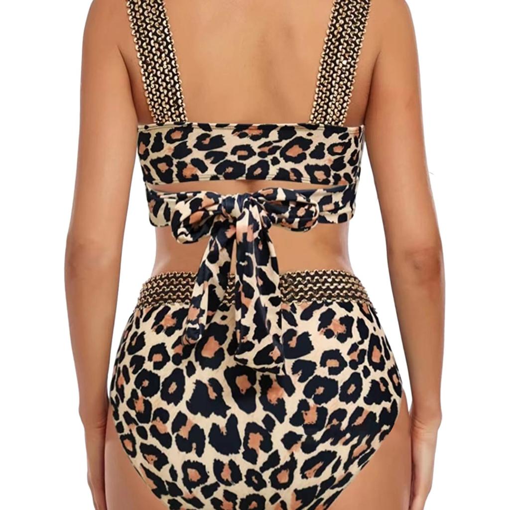 Bikini 2025 Kvinner Kvinners Bikini Leopardtrykk Høy midje Badebukse Mage Dekning Paljett Gull Elastisk Bånd Badedrakt Kvinne