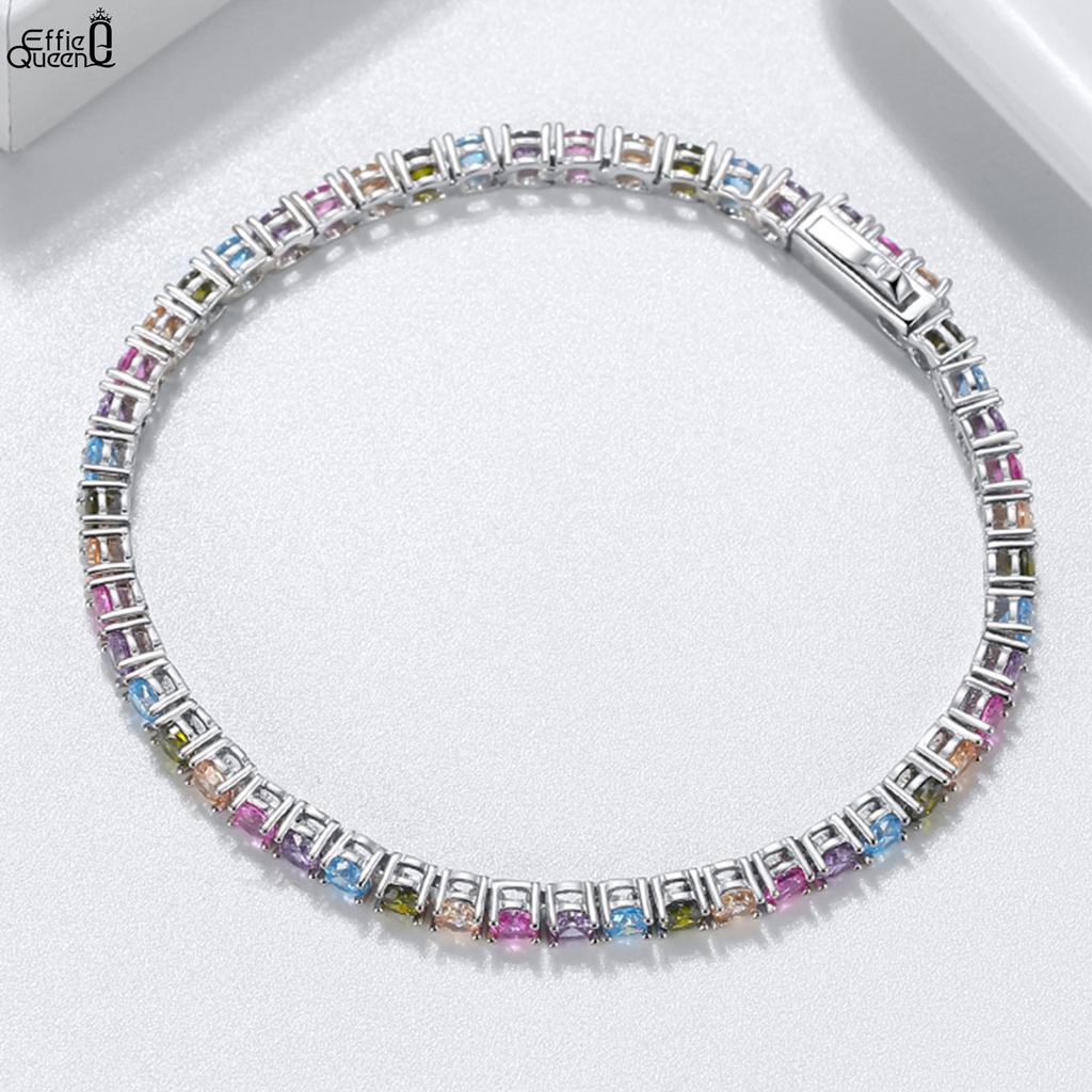 EFFIE QUEEN 100% 925 Sterling Silver 3mm Rainbow Zirconia Tennis Chain Bracelet Luxury Jewelry for Women Anniversary Gift SB139