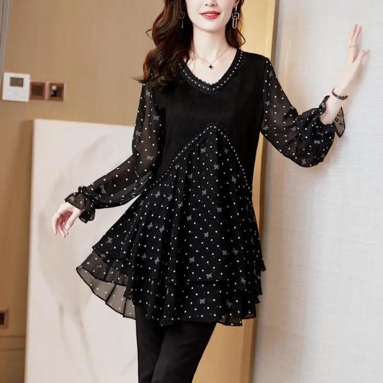 Comfortable Peplum Embroidered Casual Floral Chiffon Shirt Tops Women Loose Long Sleeve Solid Color T Shirt