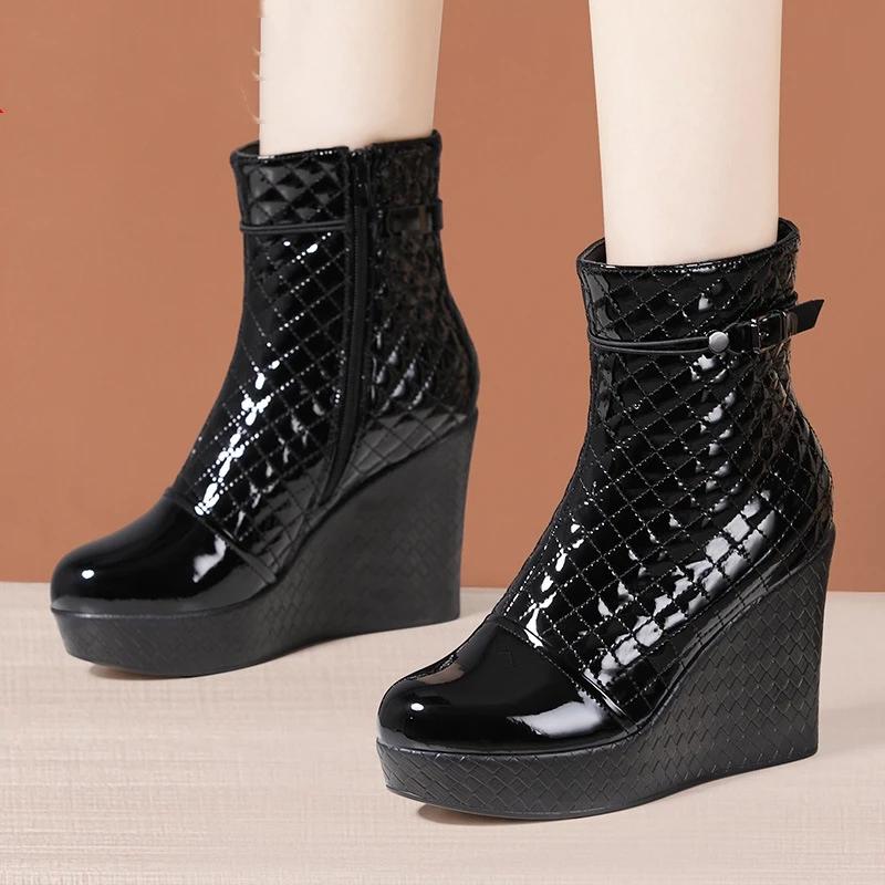 10cm Small Size 33-43 Genuine Leather Boots Women's Platform Wedges Shoes 2025 Winter High Heels Warm Fur Ankle Boots Office Mom