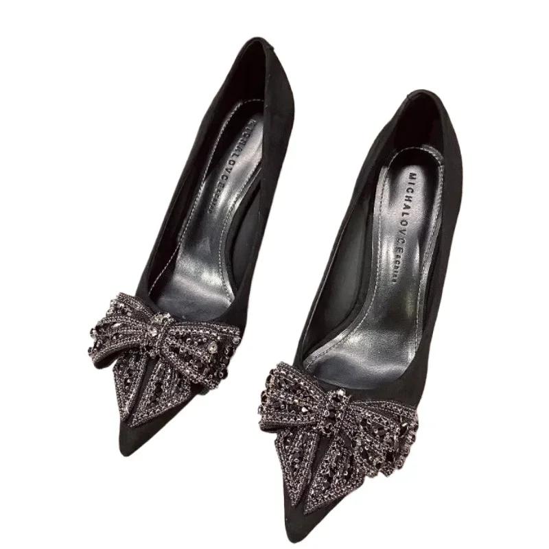Elegant Woman Heeled Shoes 2025 Slip on Women's High Heels Classics Dress Pumps Women Pointed Toe String Bead Bow Tie Thin Heels