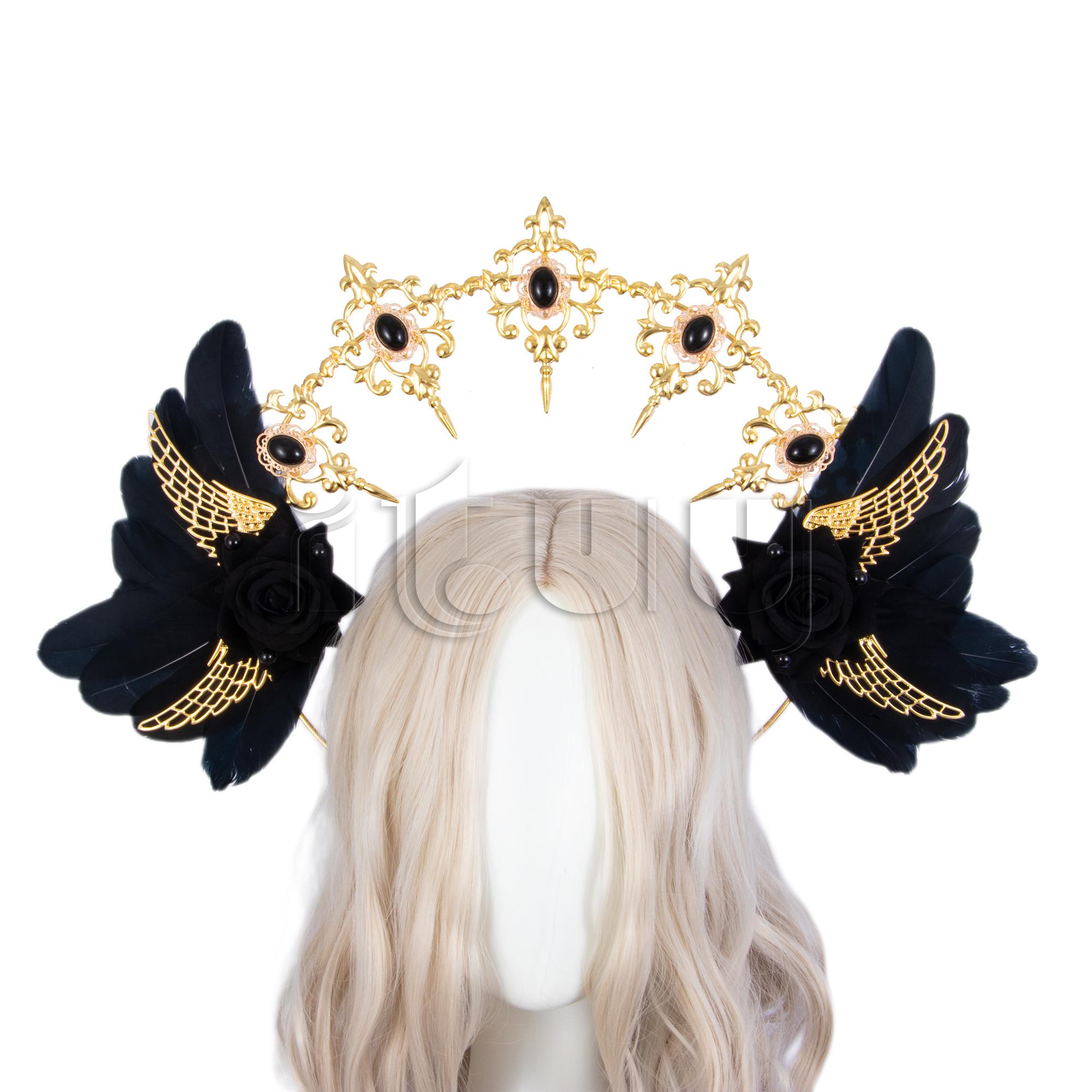 

Black Bead Chain Baroque Gothic Halo Crown Women Rose Angel Wings Sun Godmother s Retro Gorgeous Halo Lolita KC Crown Headwear