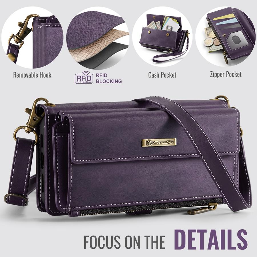 For iPhone/Samsung RFID Blocking Multilayer Wallet Phone Case Purse with 9 Card Slots+Zipper Pocket+Coin Sack Detachable Crossbody Strap + Wrist Strap