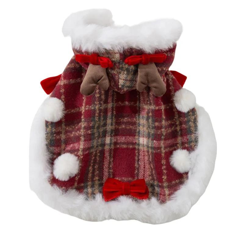 Christmas Themed Dog Clothes Winter Warm Plaid Reindeer Dog Cape with Leash Ring Pet Clothing for Small Dogs Bichon Frise Poodle