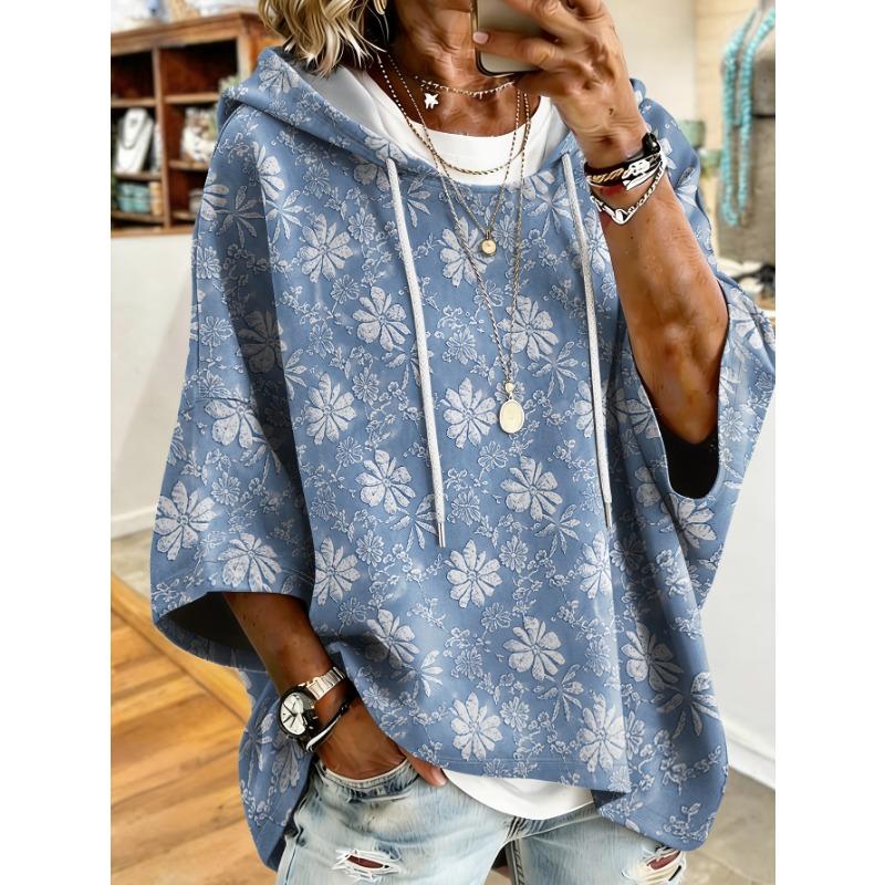 Ladies fresh blue background with white flowers all over printed off-shoulder European and American loose top