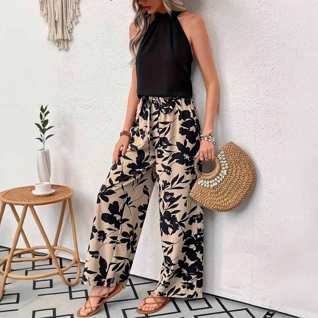 

2026 New Fashionable and Comfortable Printed Long Pants with Elastic Waist and Wide Legs for Women, Casual Pants S хаки