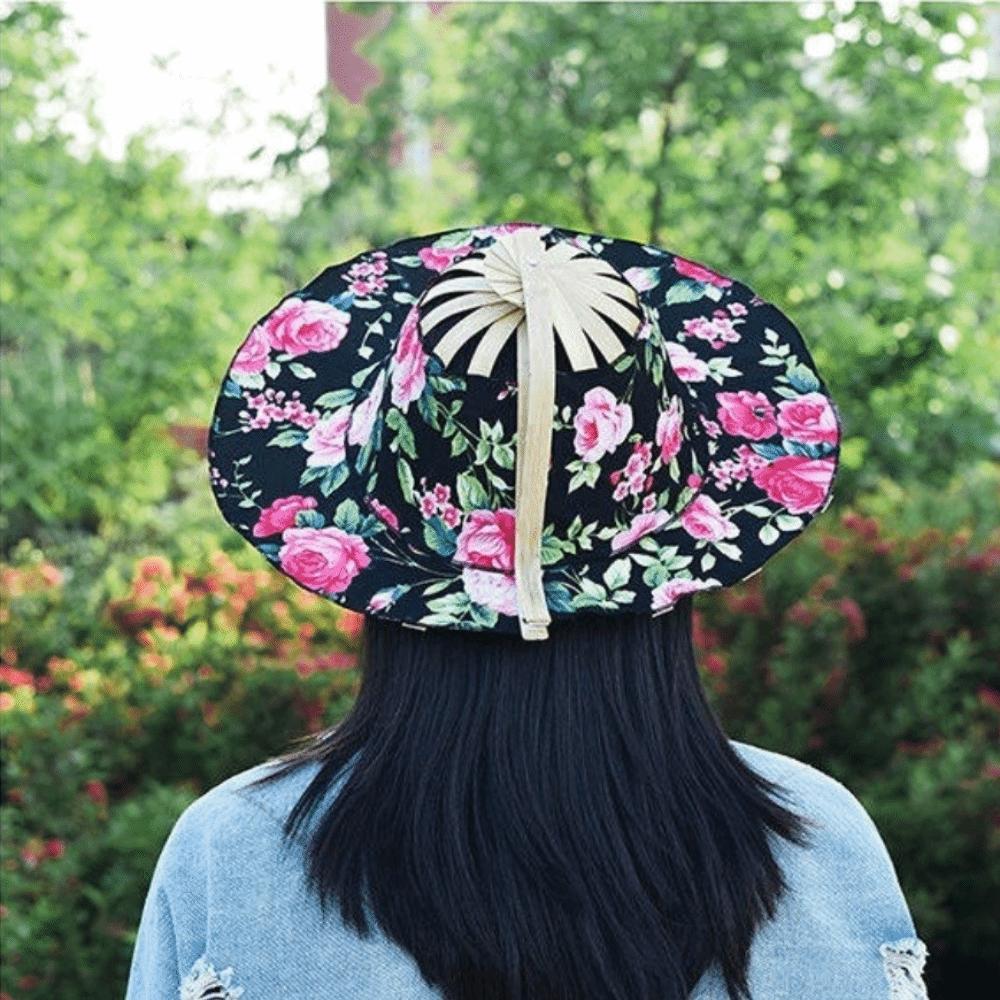 Wide Brim Folding Fan Hat Floral Printed Bamboo Sunscreen Cap Women Sunhat Fan Sun Hats  Beach