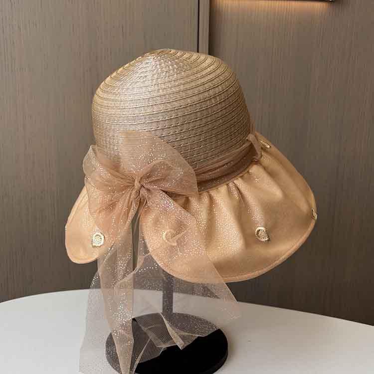 Summer bright silk bow streamer sun hat ladies elegant bucket hat travel big edge sun protection beach hat