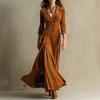 European American Women's Solid Button Lapel 3/4 Sleeve Waisted Midi Dress Casual Party Dress