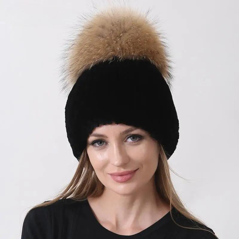 Fashion Rabbit Fur Hat Fox Pompom Knit Beanie Women Winter Warm Elastic Thick Outdoor Double Layer Snow Cap