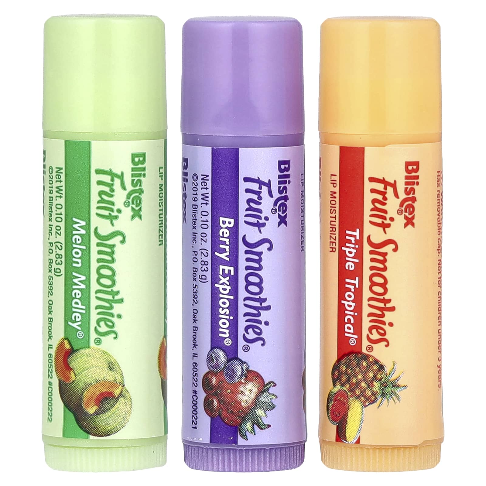 

Blistex, увлажняющий крем для губ, фруктовый смузи, 3 палочки, 0,10 унции (2,83 г) каждый