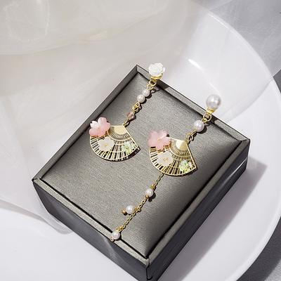 Longues Boucles d'Oreilles à Franges, Ventilateur Style Chinois, Tempérament Super Féerique, Franges Montrant le Visage, Boucles d'Oreilles Clous Fines, Boucles d'Oreilles Fille.