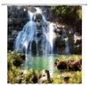 Natürliche Landschaft Duschvorhänge Wasserfall Grüne Wiese Blume Frühling Landschaft Badezimmer Dekor Wasserdichtes Stoffvorhang-Set