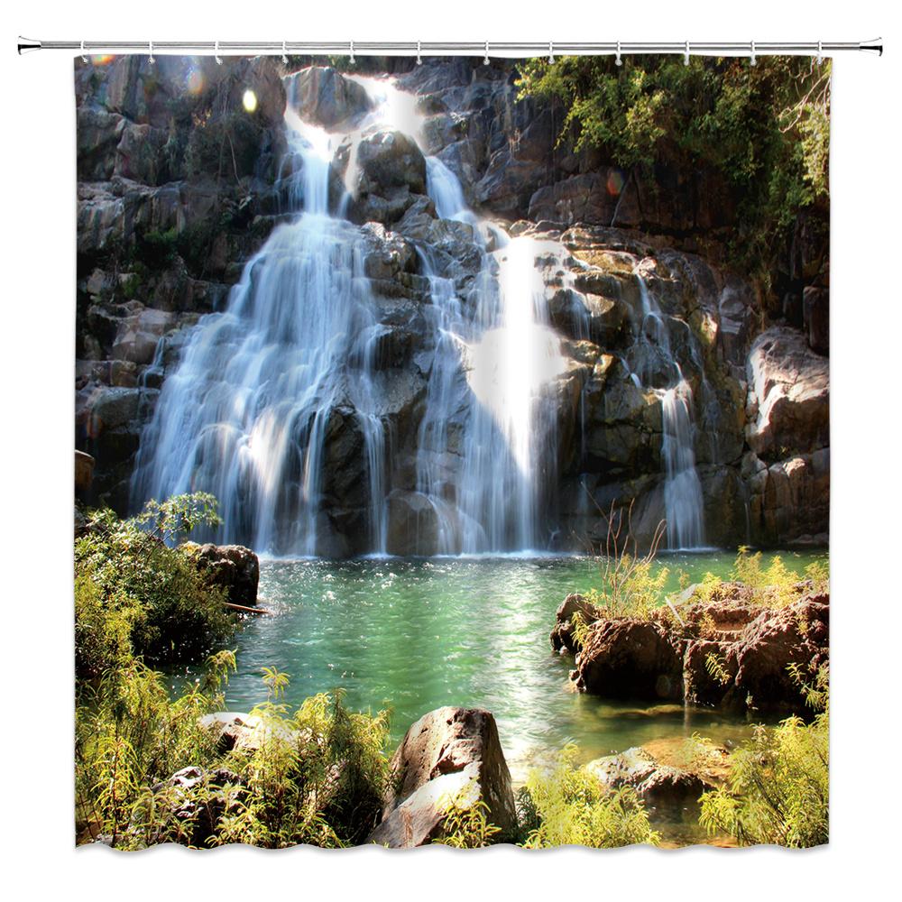 Natürliche Landschaft Duschvorhänge Wasserfall Grüne Wiese Blume Frühling Landschaft Badezimmer Dekor Wasserdichtes Stoffvorhang-Set