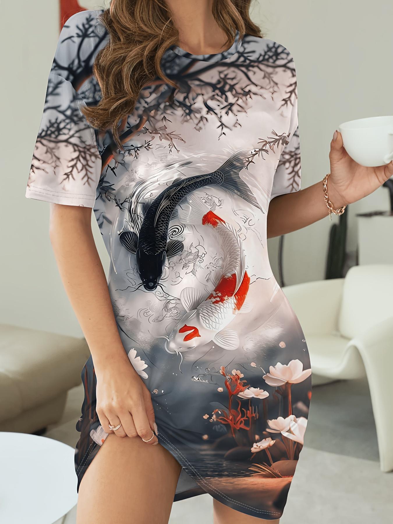 

Koi Print Women S Casual Short-Sleeve Round-Neck T-Shirt Dress - Soft And Comfortable Pajamas Suitable for All Seasons 6XL дубильная кора