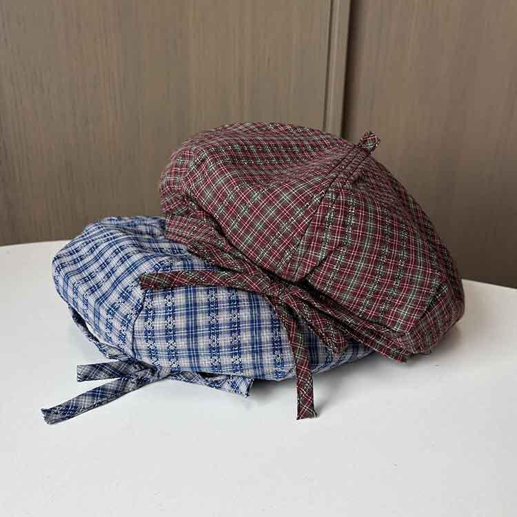 Japanese plaid strap casual retro beret fashion versatile street octagonal hat new women's painter hat