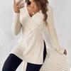 Women's Autumn and Winter New Long-sleeved Solid Color Slit V-neck Casual Home Pit Strip Comfortable Top