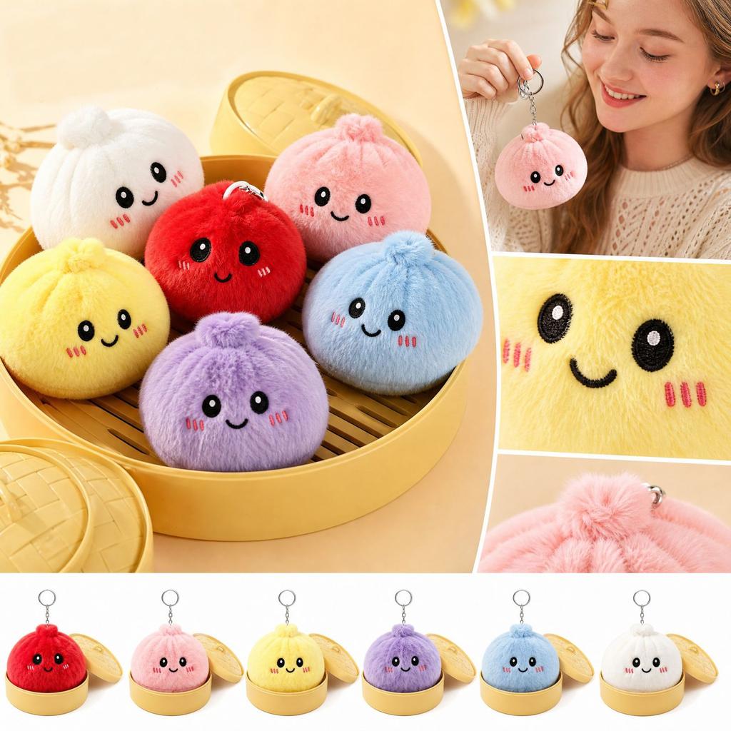 Plush Steamed Bun Keychain with Steamer Basket, Cute Soft Doll Toy for Bags and Keys