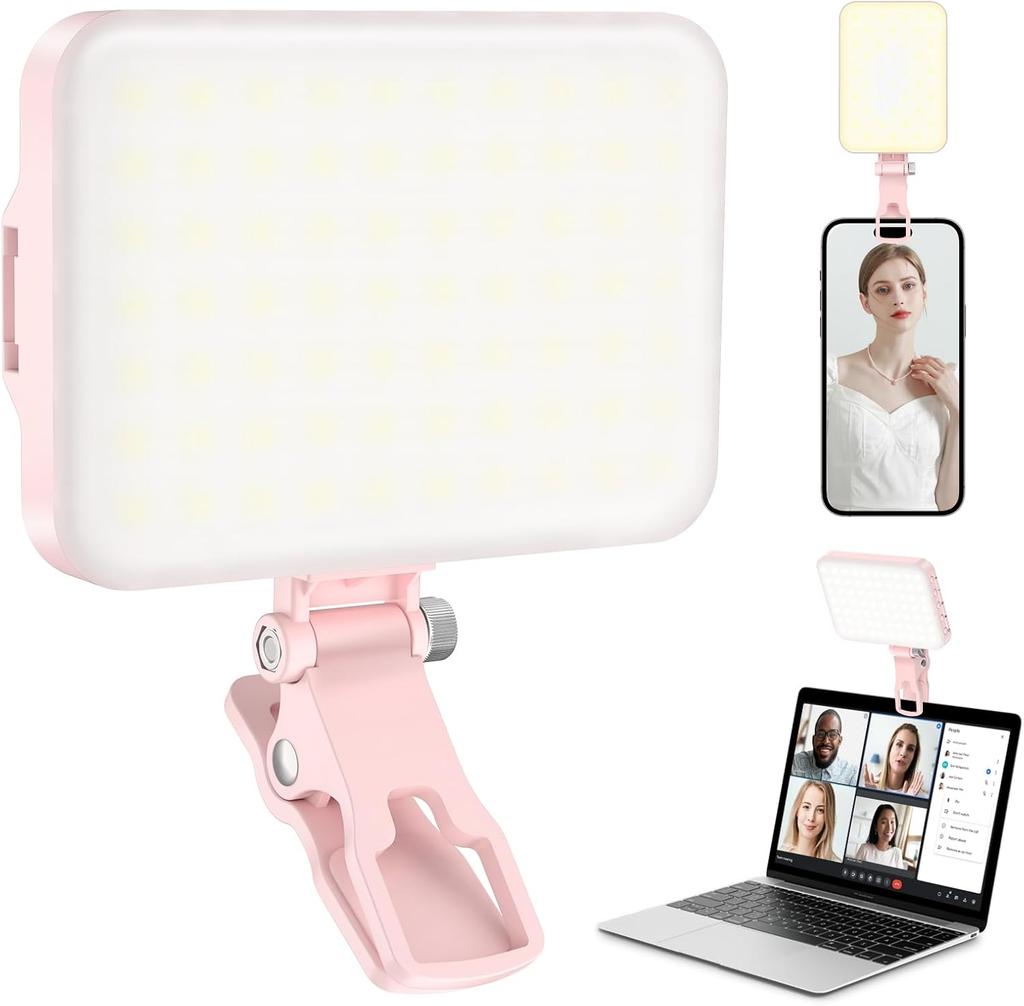 60 LED Portable Selfie Light Video Conference Lighting with Clip & Camera Tripod Adapter Rechargeable CRI 97+, 3 Light Modes
