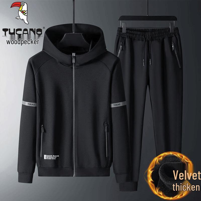 Męski zestaw bluzy z kapturem i spodni z podszewką z polaru Włoski Dzięcioł