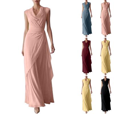 Vestido Maxi Asimétrico Cruzado de Gasa sin Mangas con Cintura Envuelta para Mujer, Elegante Vestido Largo para Eventos Formales
