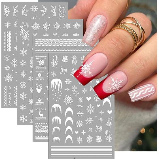 4 Sheets Christmas Nail Stickers for Nail Art 3D Self-Adhesive White Snowflake Nail Art Stickers Winter Xmas Tree Elk Design French Tip Nail Decals