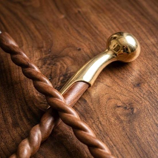 Handcrafted Twisted Spiral Wooden Walking Stick, Solid Brass Handle Cane