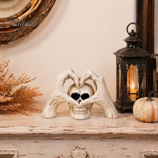 Halloween Desktop Decoration Gothic Skeleton Hands Heart Sculpture with Skull, Romantic Love Statue, Secret Room Horror Display Shape Finger