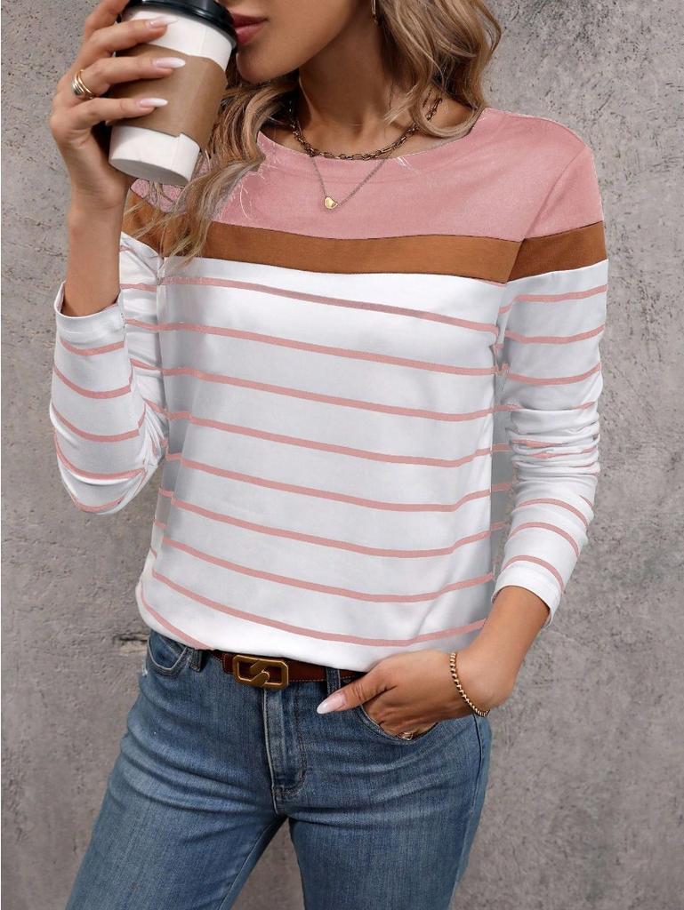Damen T-Shirt 3D Streifen Colorblock Print Mode Langarm Rundhals Regular Top Feiertagswochenende Frühling und Herbst