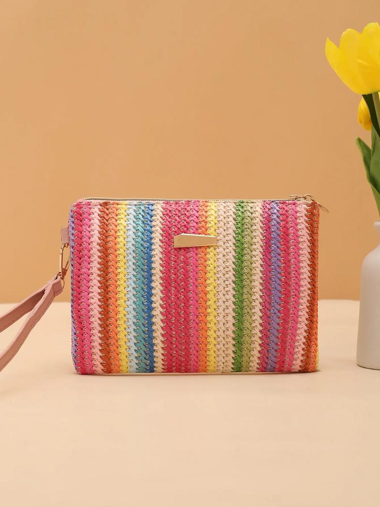 Damen Sommer Retro Stroh Woven Tasche Handtasche Mode Bunte Bohemian Woven Armband Tasche Strand Brieftasche Geld Tasche Clutch Geldbörse