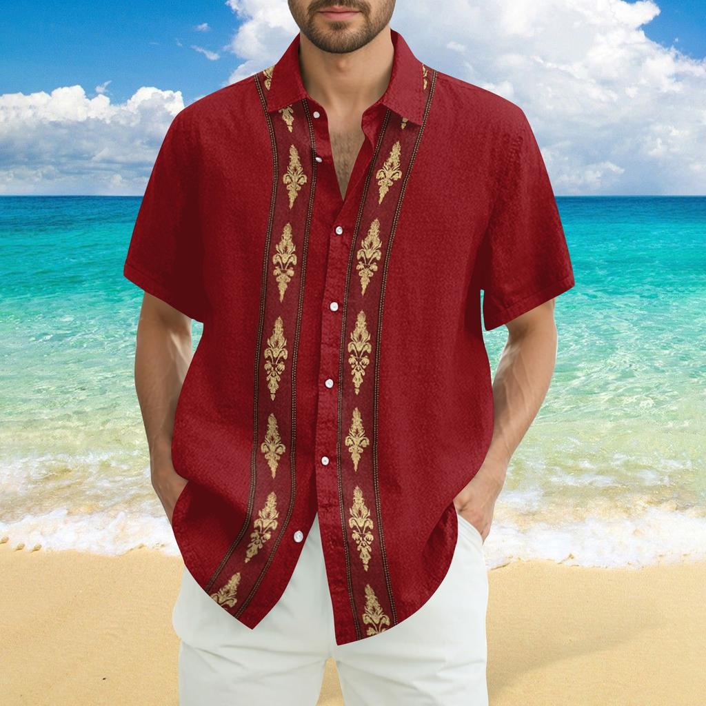 Men's Fashionable Casual Loose Striped Printed Beach Short-sleeved Shirt