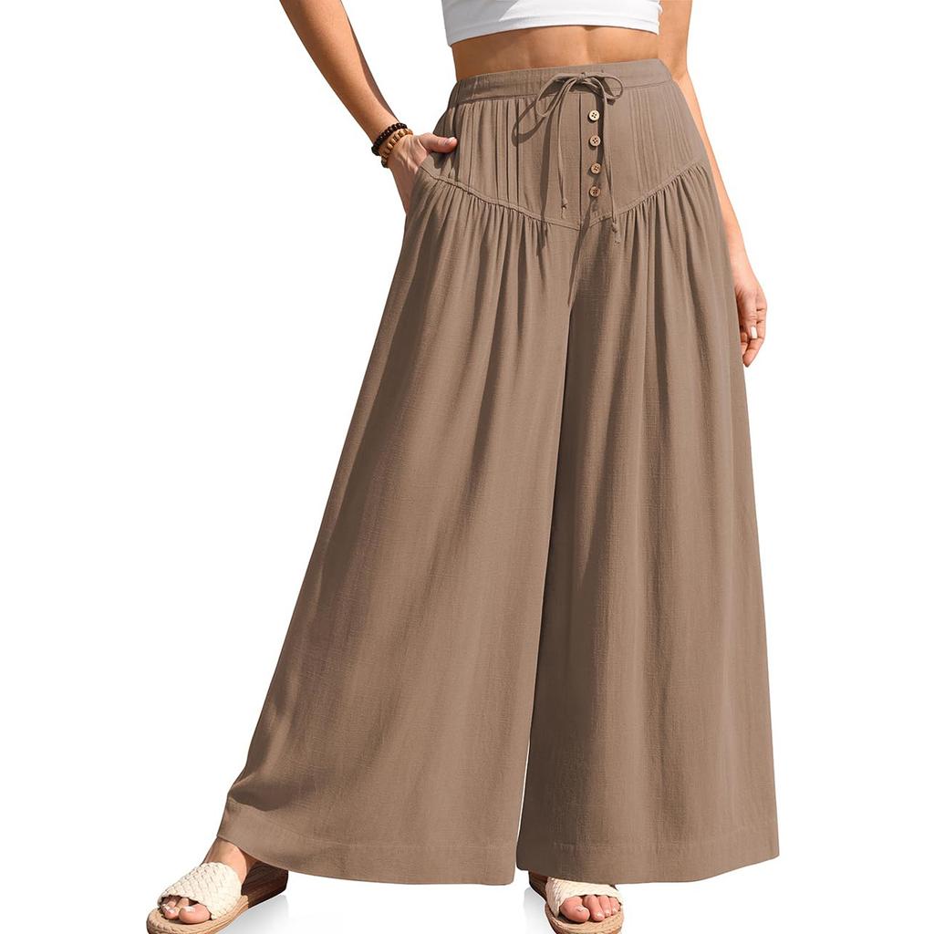 Women Elastic High Waist Pant Casual Fit Wide Leg Long Pants Trousers With Pockets