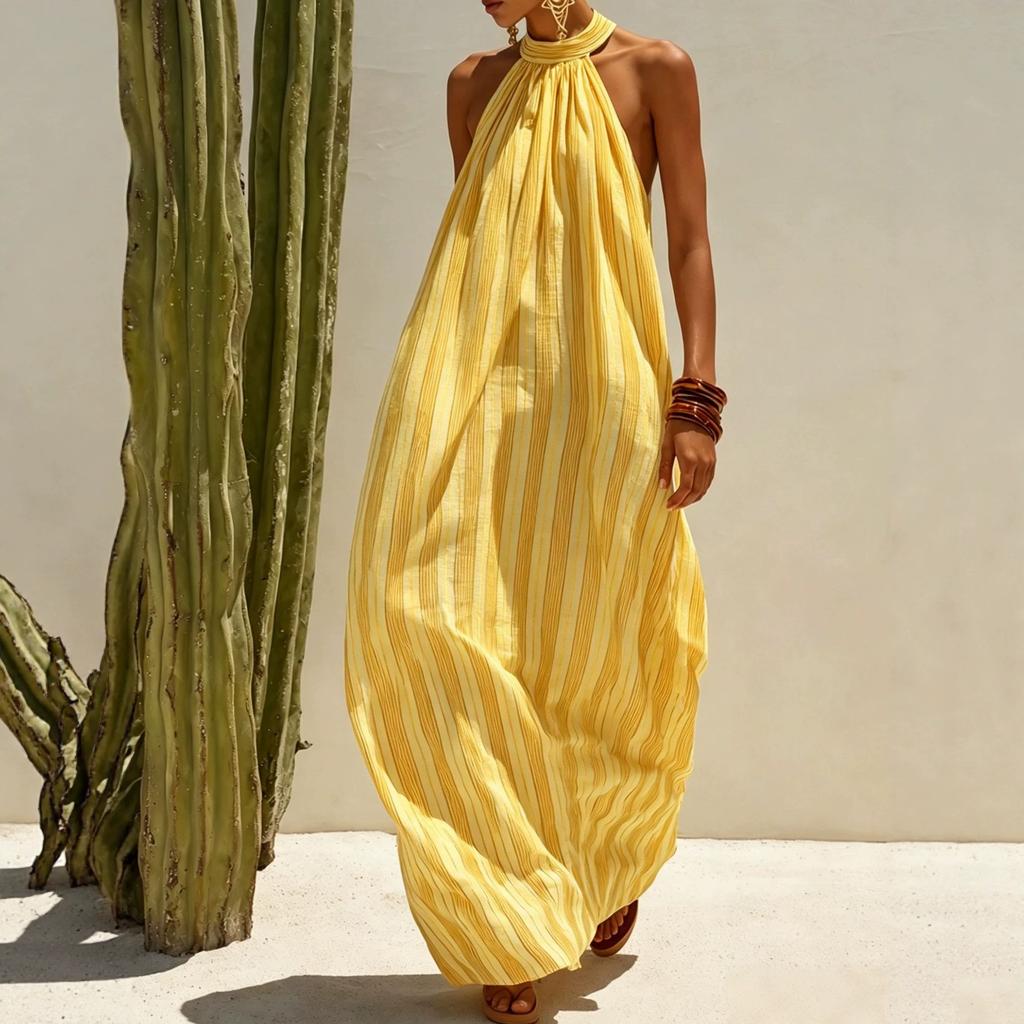 2026 New Popular Neck Striped Dress Holiday Style European and American Ins Style Spring and Summer Loose Drape Dress