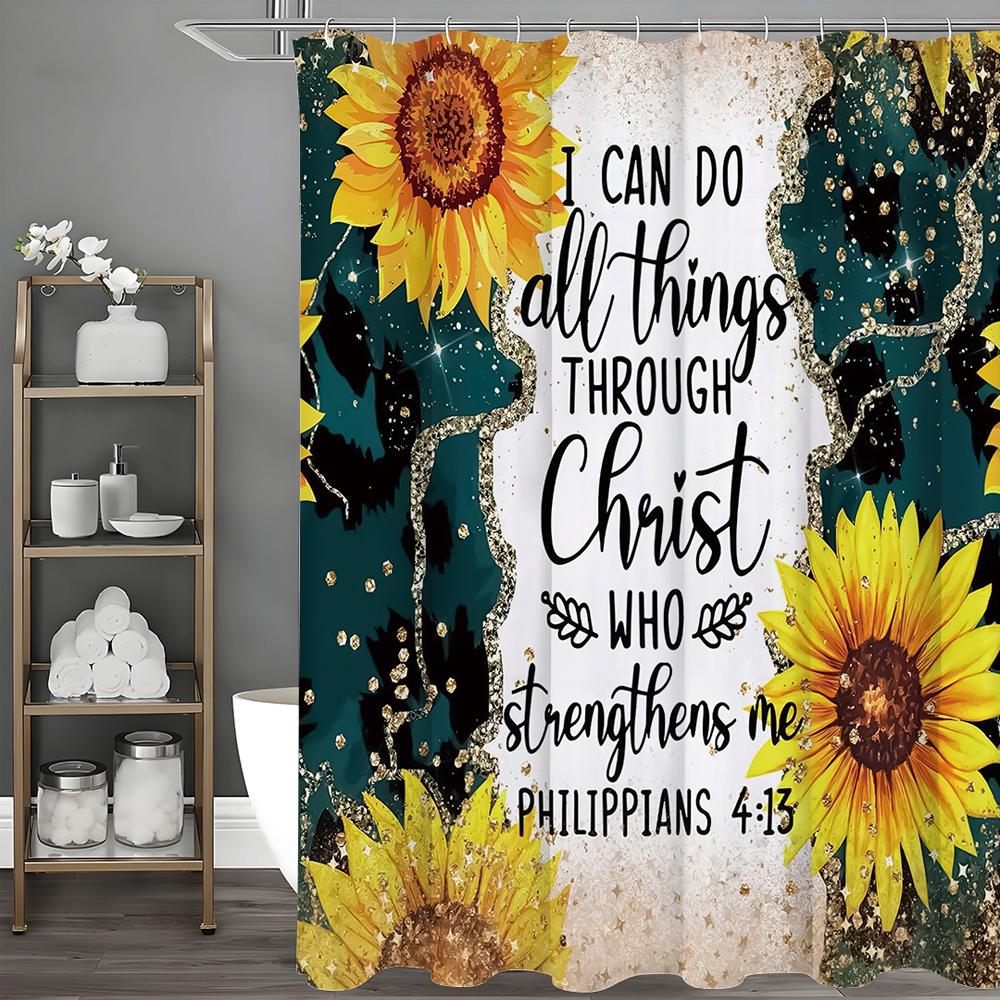 Sunflower Diamond Bible Inspirational Quotes Shower Curtain, Bathroom Decorative Shower Curtain, Waterproof Shower Curtain with