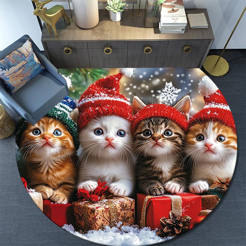 Christmas Kittens Round Area Rug,Carpet Rug for Living Room Bedroom Sofa Playroom Decor,Non-slip Floor Mat
