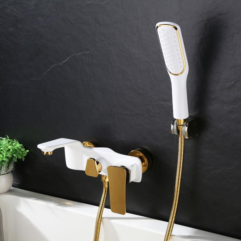 Tuqiu Bathtub Shower Set Wall Mounted Gold and White Bathtub Faucet, Bathroom Cold and Hot Bath and Shower Mixer Taps Brass